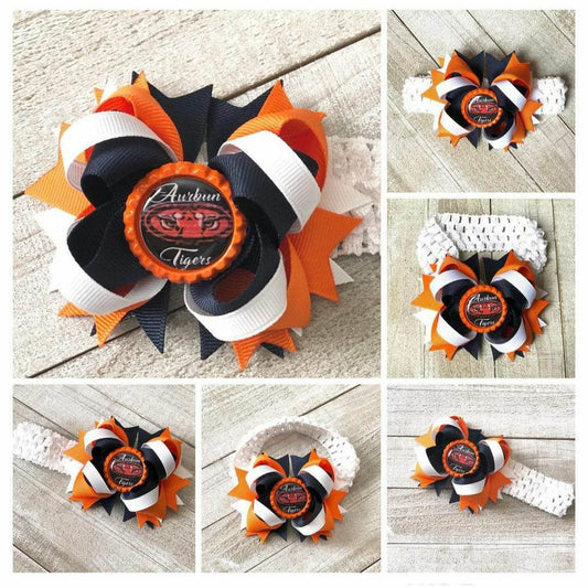 A(Newborn) Headband ~ "Auburn Tigers" ~ Grosgrain Ribbon~Knitted Band~ 3" inch Small Bow