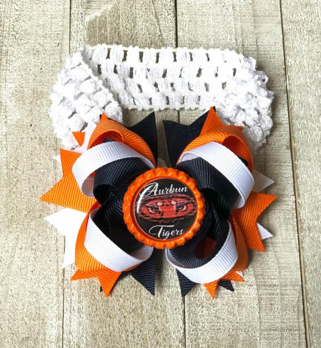 A(Newborn) Headband ~ "Auburn Tigers" ~ Grosgrain Ribbon~Knitted Band~ 3" inch Small Bow