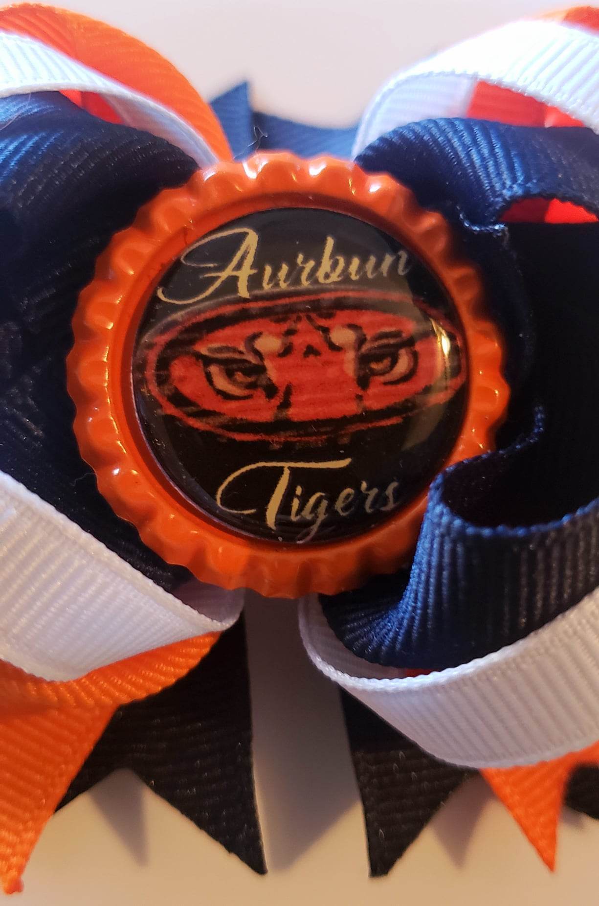 A(Newborn) Headband ~ "Auburn Tigers" ~ Grosgrain Ribbon~Knitted Band~ 3" inch Small Bow