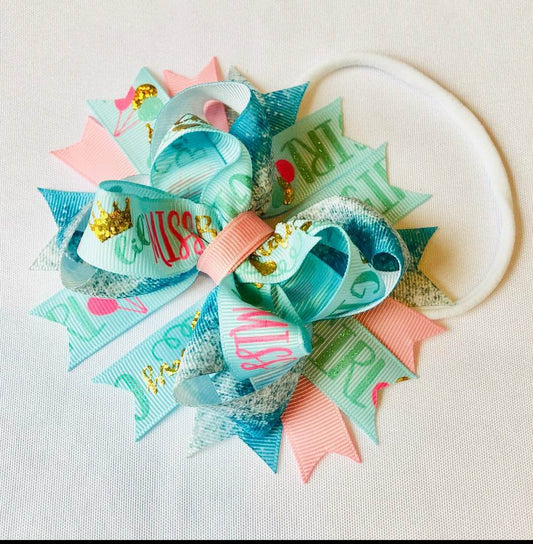 A(One Yr Old) Headband ~"Birthday Girl" ~Grosgrain Ribbon~Nylon Band~ 3.5" inch Small Bow