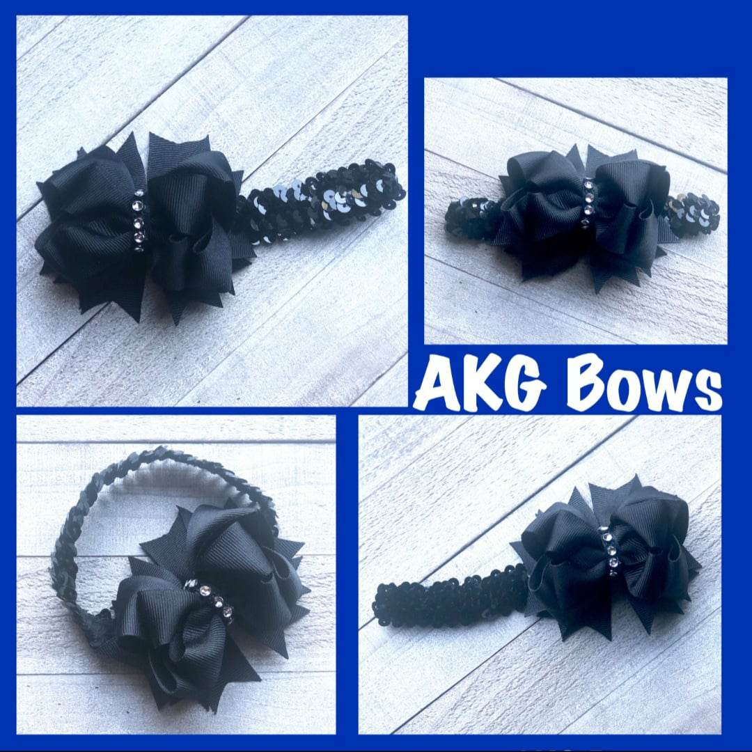 A(Newborn) Headband ~"Black Diamond" ~Grosgrain Ribbon~Sequin Band~ 3" inch Small Bow