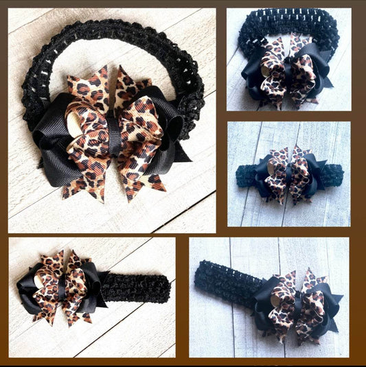A(Newborn) Headband ~"Black & Leopard" ~Grosgrain Ribbon~Knitted Band~ 3" inch Small Bow