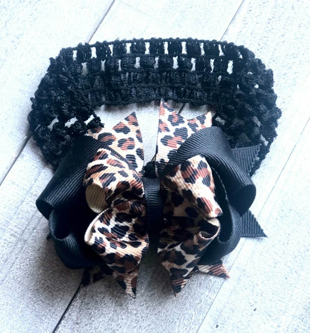 A(Newborn) Headband ~"Black & Leopard" ~Grosgrain Ribbon~Knitted Band~ 3" inch Small Bow