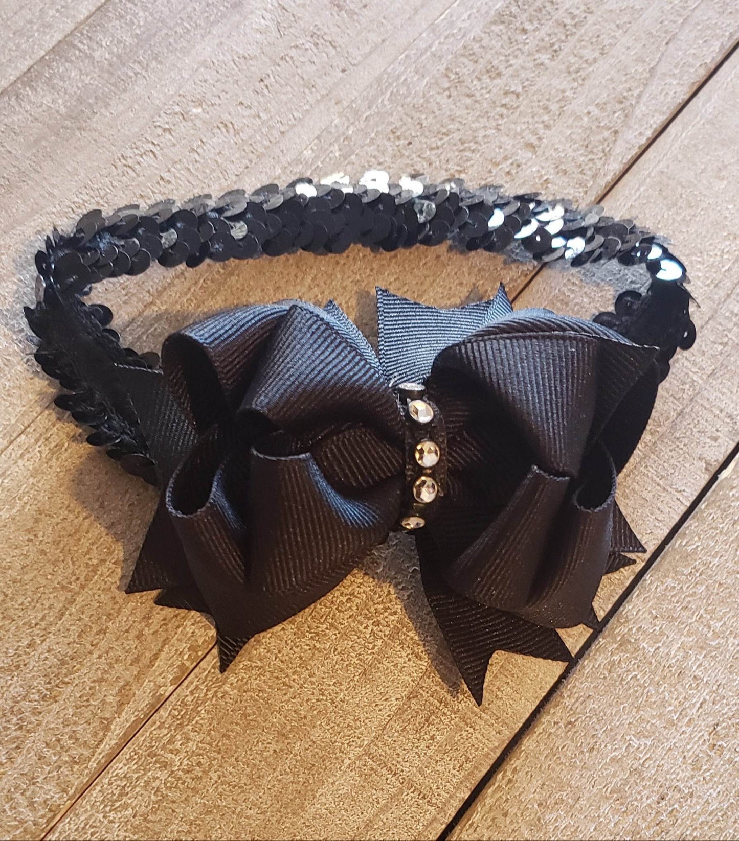 A(Newborn) Headband ~"Black Diamond" ~Grosgrain Ribbon~Sequin Band~ 3" inch Small Bow