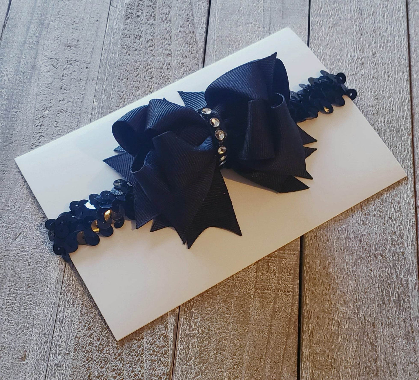 A(Newborn) Headband ~"Black Diamond" ~Grosgrain Ribbon~Sequin Band~ 3" inch Small Bow