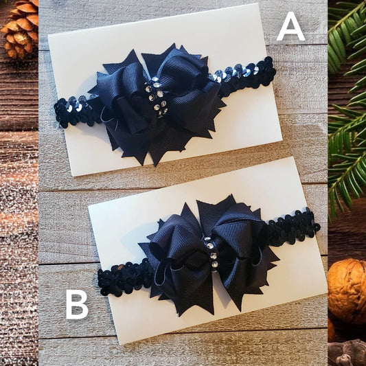 A(Newborn) Headband ~"Black Diamond" ~Grosgrain Ribbon~Sequin Band~ 3" inch Small Bow