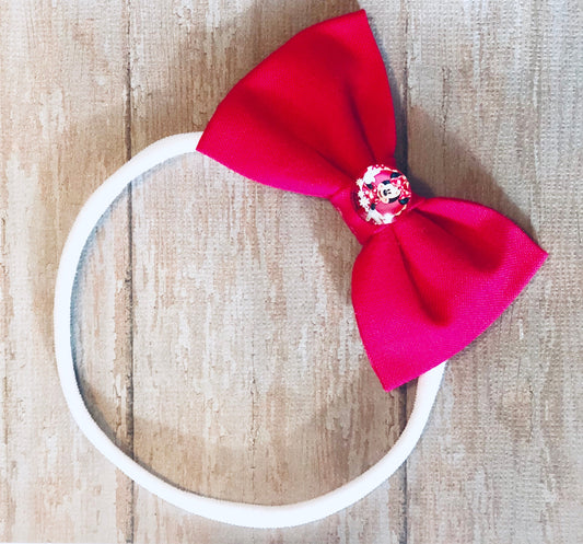 New Born Bow~ Minnie Mouse Bow ~ Fabric Hair Bow~ Hot Pink Bow~ Nylon Band Bow ~ 2.5" inch Bow~ Extra Small Bow