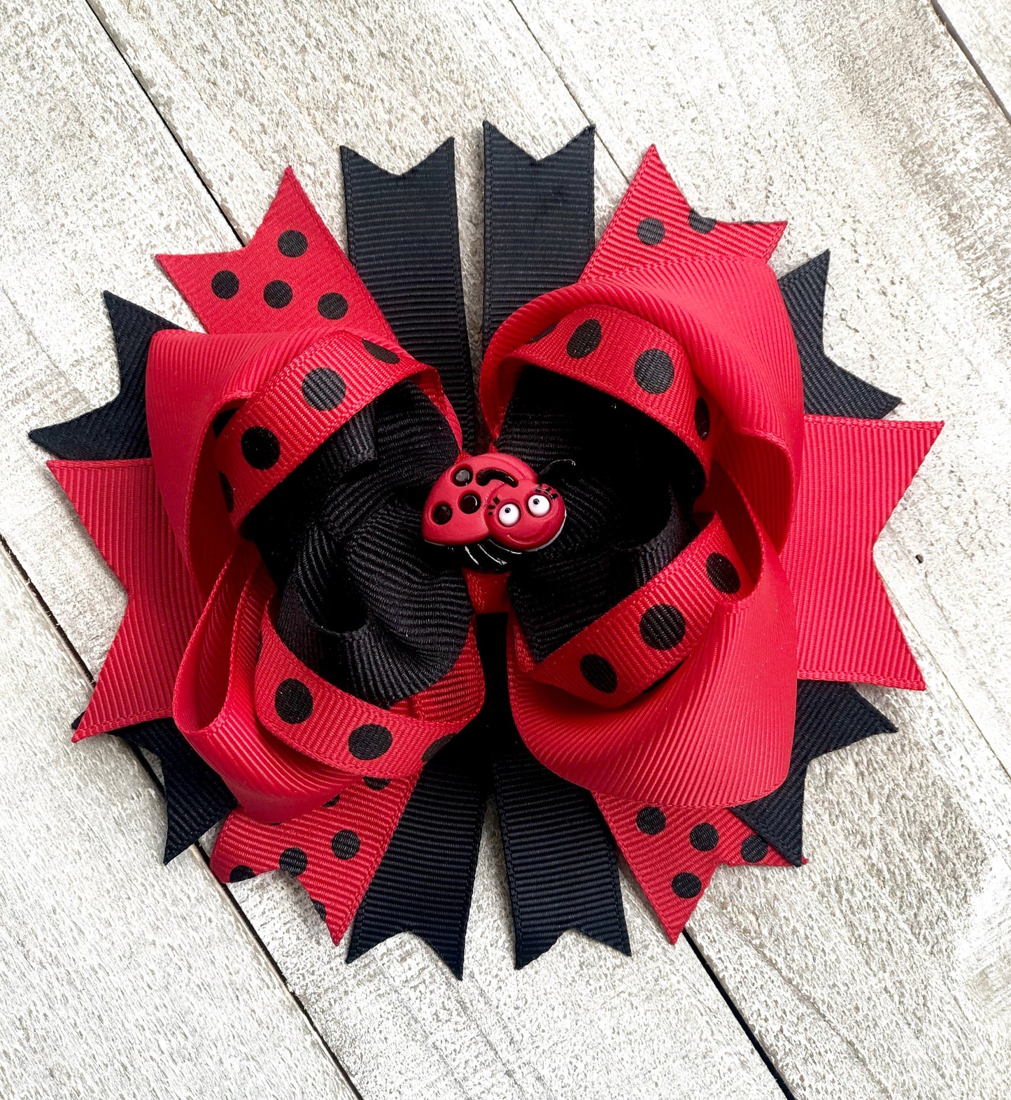 Over The Top Bow~ Lady Bug Bow~ Red and Black Bow~ Boutique Bow~ Double Layered Bow~ 5" inch Medium Bow