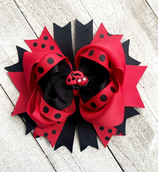 Over The Top Bow~ Lady Bug Bow~ Red and Black Bow~ Boutique Bow~ Double Layered Bow~ 5" inch Medium Bow