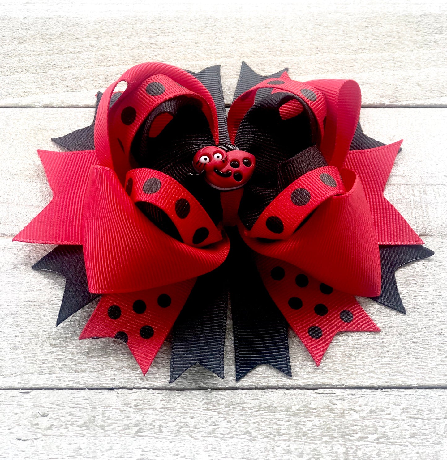 Over The Top Bow~ Lady Bug Bow~ Red and Black Bow~ Boutique Bow~ Double Layered Bow~ 5" inch Medium Bow