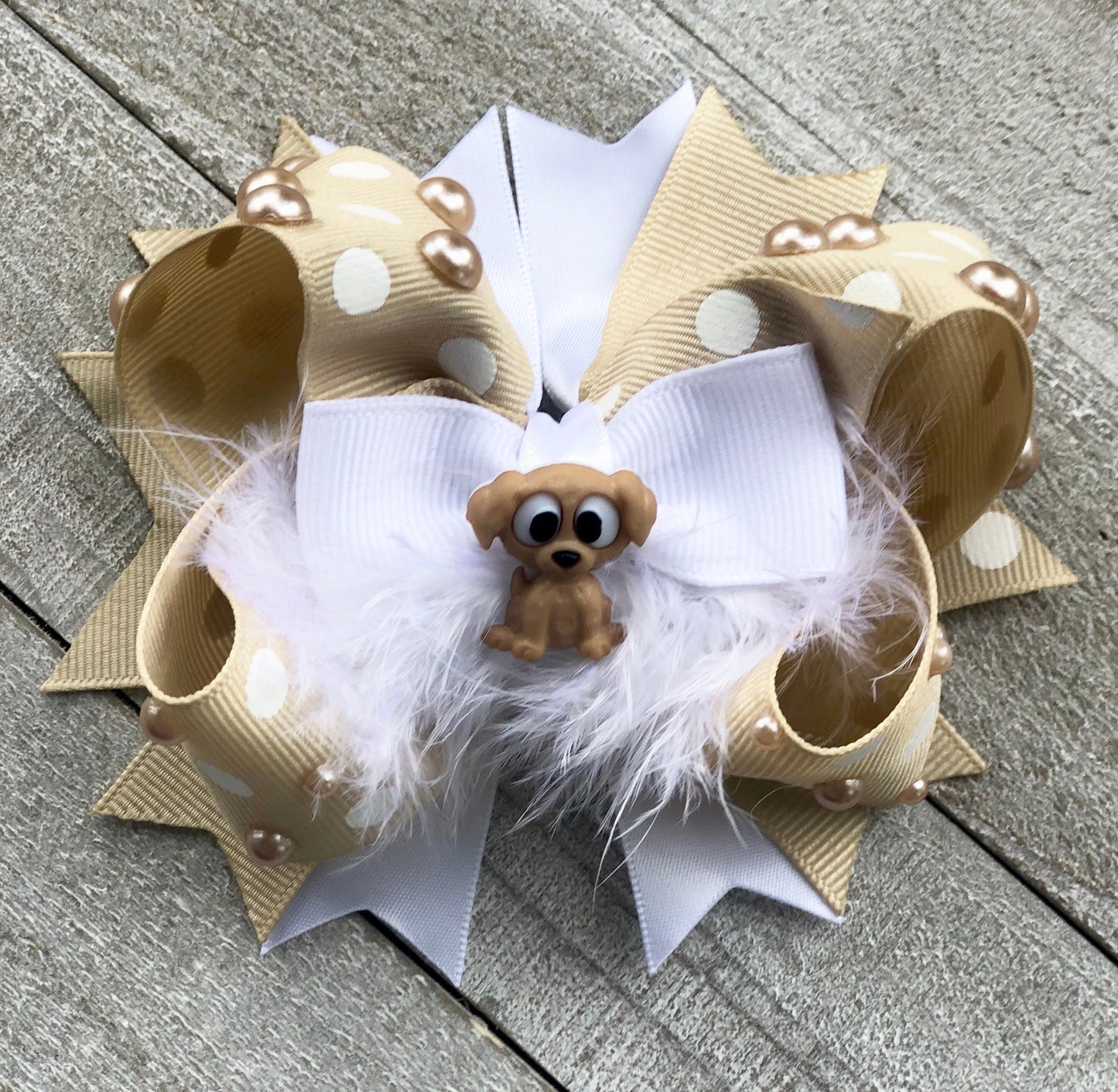 Over The Top Bow~My Little Puppy Bow~ Beige and White Bow~ Boutique Bow~ Double Layered Bow~ 4.5 " inch Medium Bow