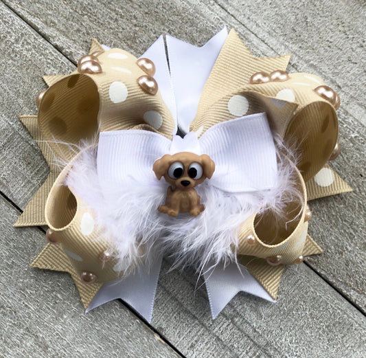 Over The Top Bow~My Little Puppy Bow~ Beige and White Bow~ Boutique Bow~ Double Layered Bow~ 4.5 " inch Medium Bow
