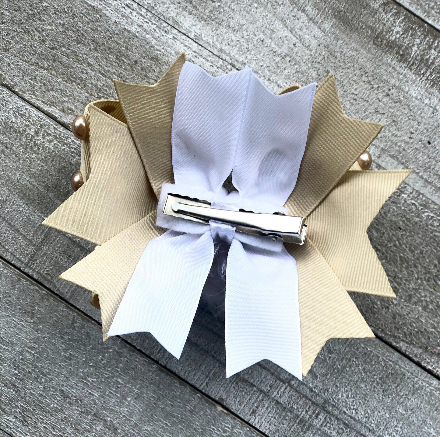 Over The Top Bow~My Little Puppy Bow~ Beige and White Bow~ Boutique Bow~ Double Layered Bow~ 4.5 " inch Medium Bow