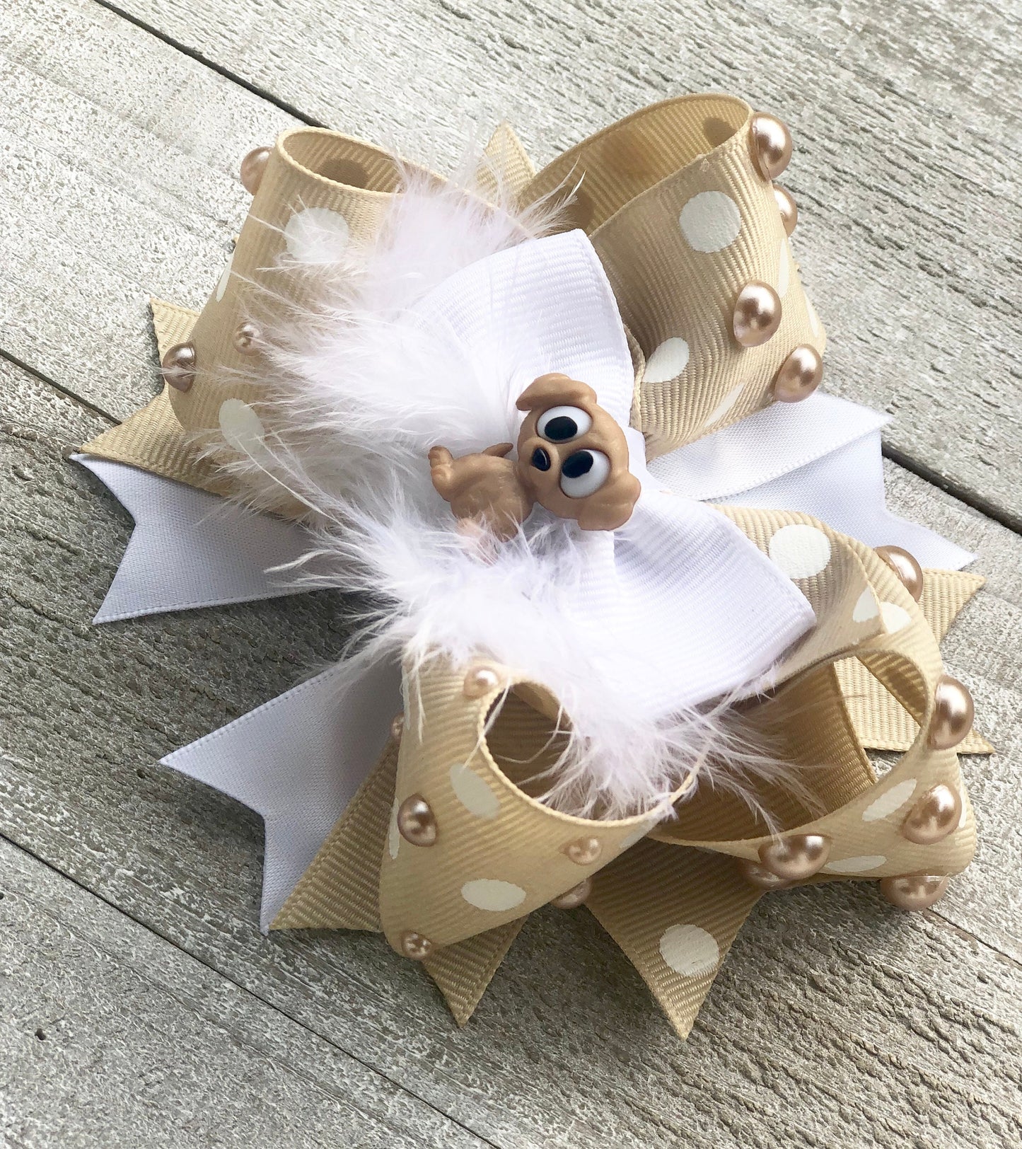 Over The Top Bow~My Little Puppy Bow~ Beige and White Bow~ Boutique Bow~ Double Layered Bow~ 4.5 " inch Medium Bow