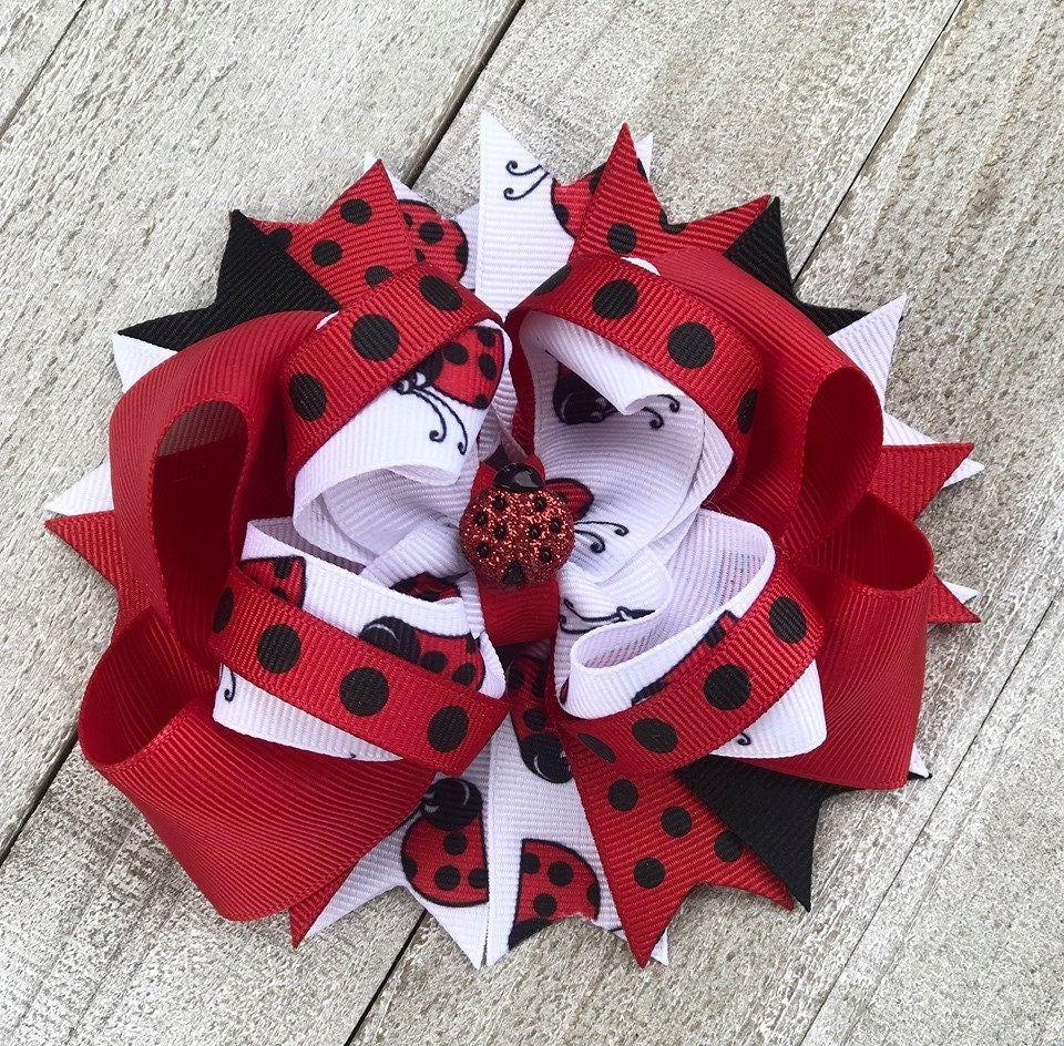 Over The Top Bow~ Lady Bug 2 Bow~ Red, Black & White Bow~ Boutique Bow~ Double Layered Bow~ 5" inch Medium  Bow
