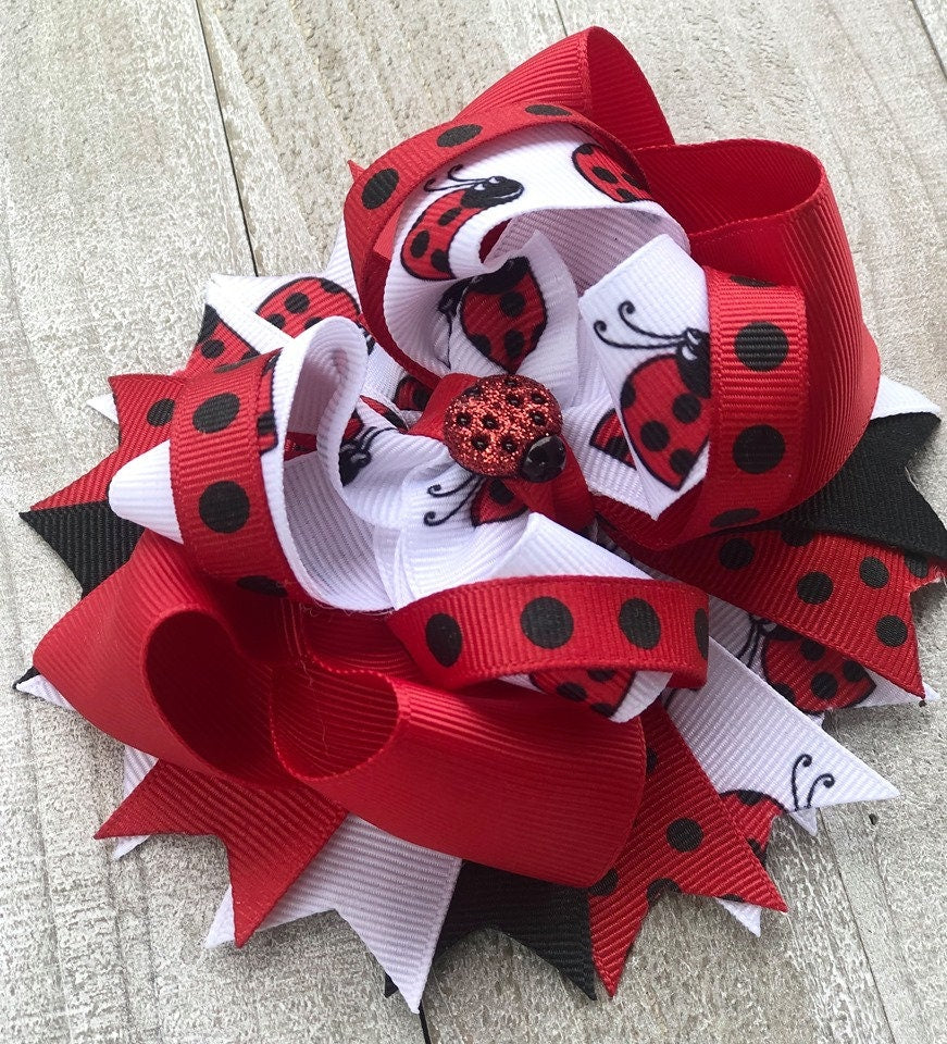 Over The Top Bow~ Lady Bug 2 Bow~ Red, Black & White Bow~ Boutique Bow~ Double Layered Bow~ 5" inch Medium  Bow