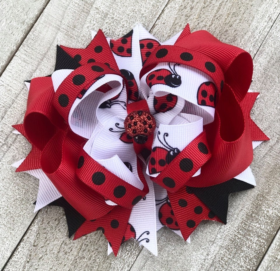 Over The Top Bow~ Lady Bug 2 Bow~ Red, Black & White Bow~ Boutique Bow~ Double Layered Bow~ 5" inch Medium  Bow