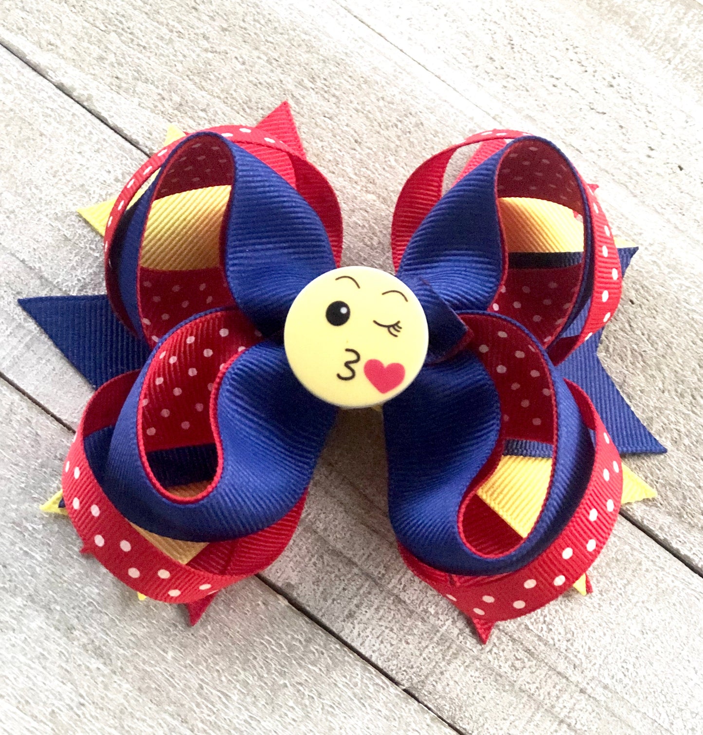 Emoji Bow~ Blue, Red & Yellow Bow~ Boutique Bow~ Double Layered~ 4.7" inch Medium Bow