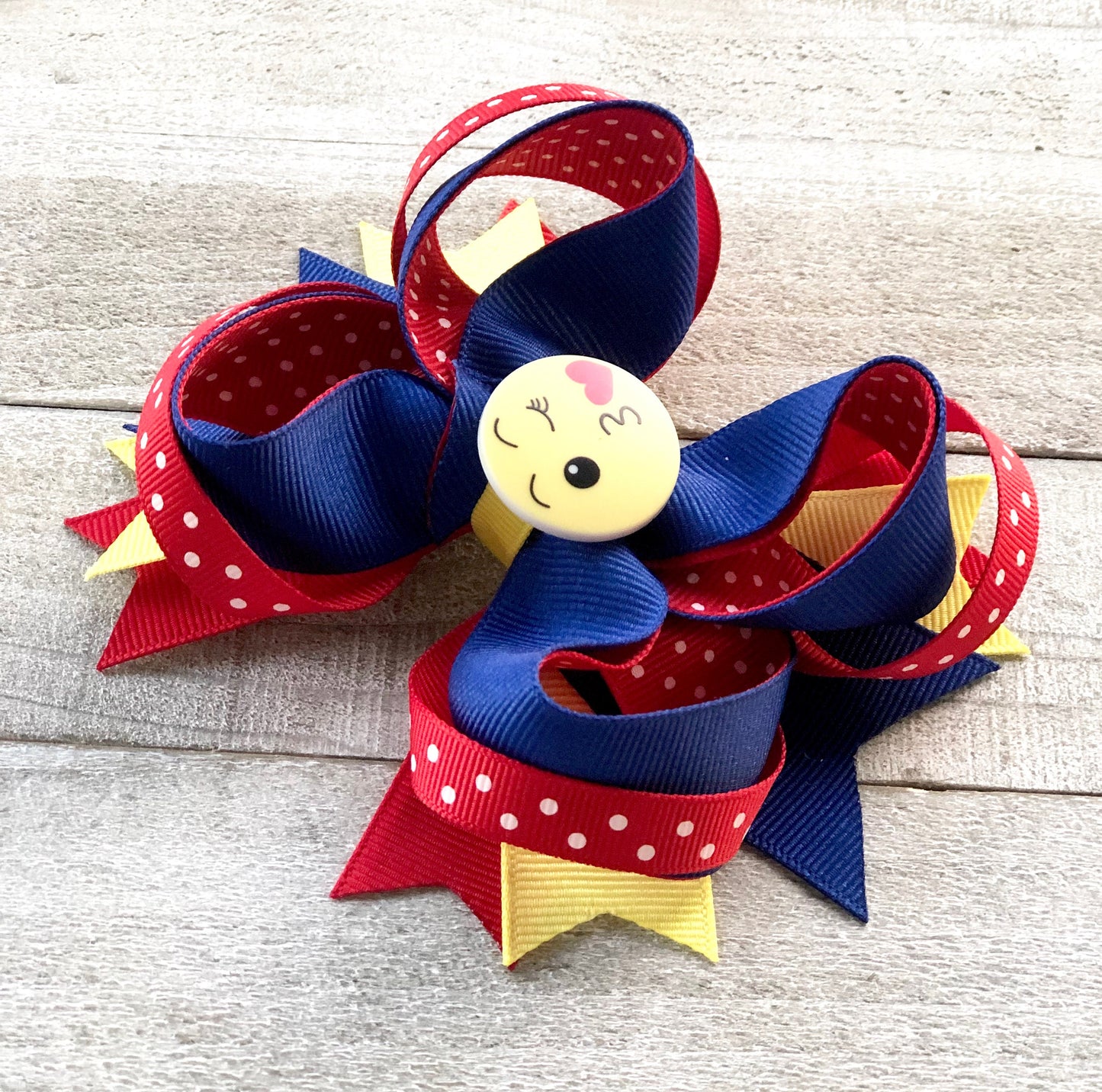 Emoji Bow~ Blue, Red & Yellow Bow~ Boutique Bow~ Double Layered~ 4.7" inch Medium Bow