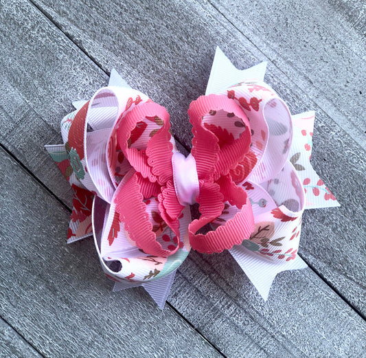 Floral Print Bow~ Peach and White Bow~ Boutique Bow~ Double Layered Bow~ 4.5" inch Medium  Bow