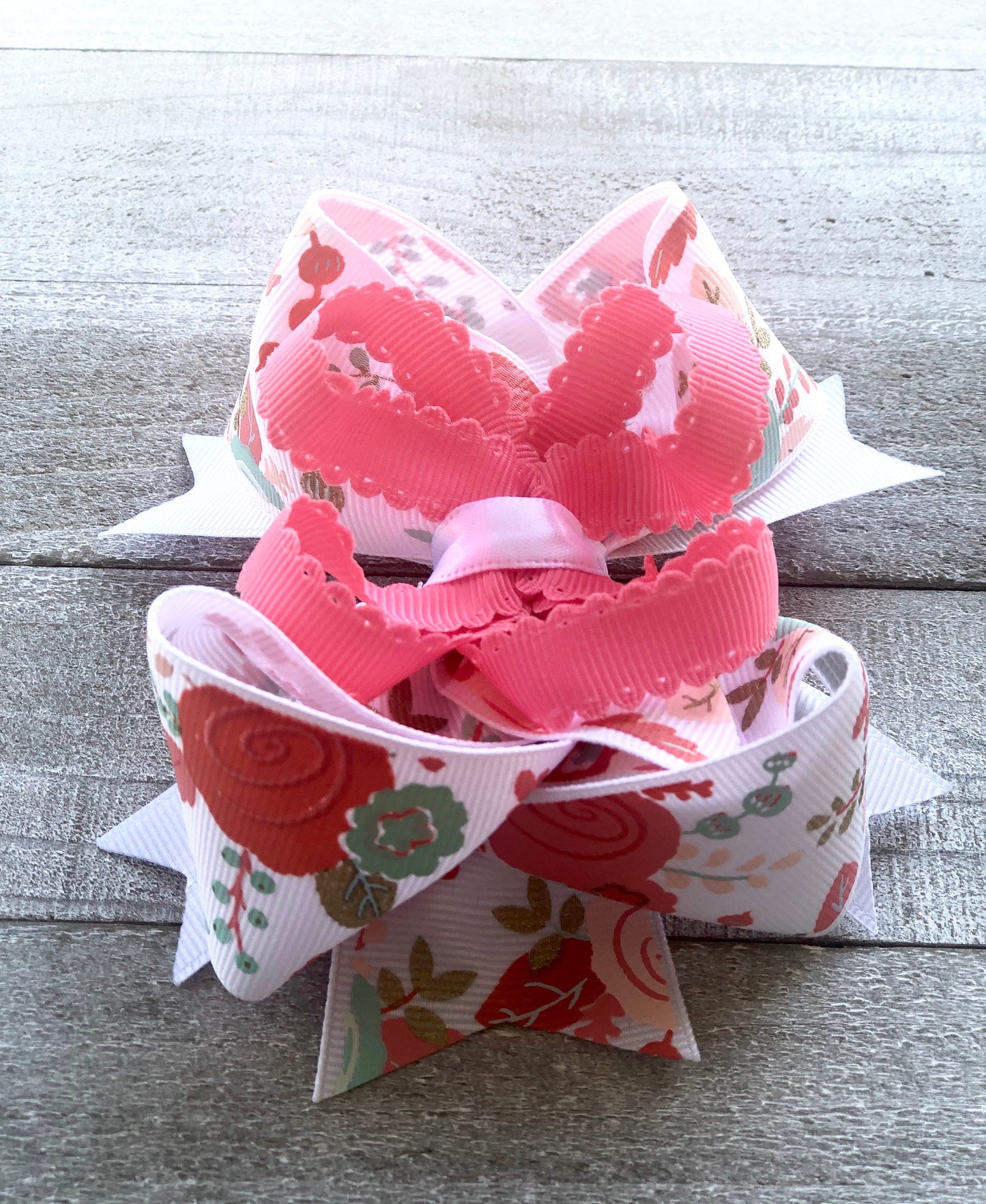 Floral Print Bow~ Peach and White Bow~ Boutique Bow~ Double Layered Bow~ 4.5" inch Medium  Bow