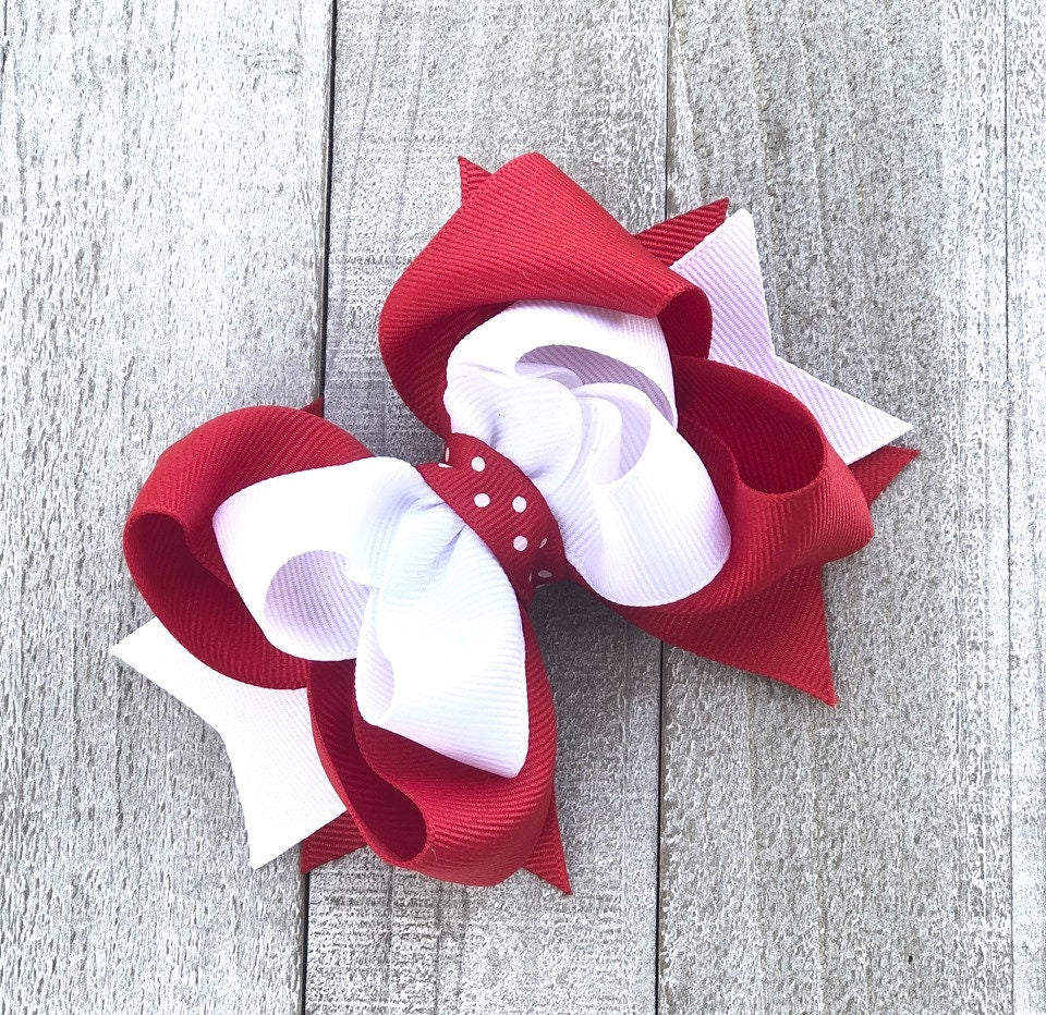 Red and White Bow~ Double Layered Bow~ Boutique Bow~ 4.5" inch Medium Bow