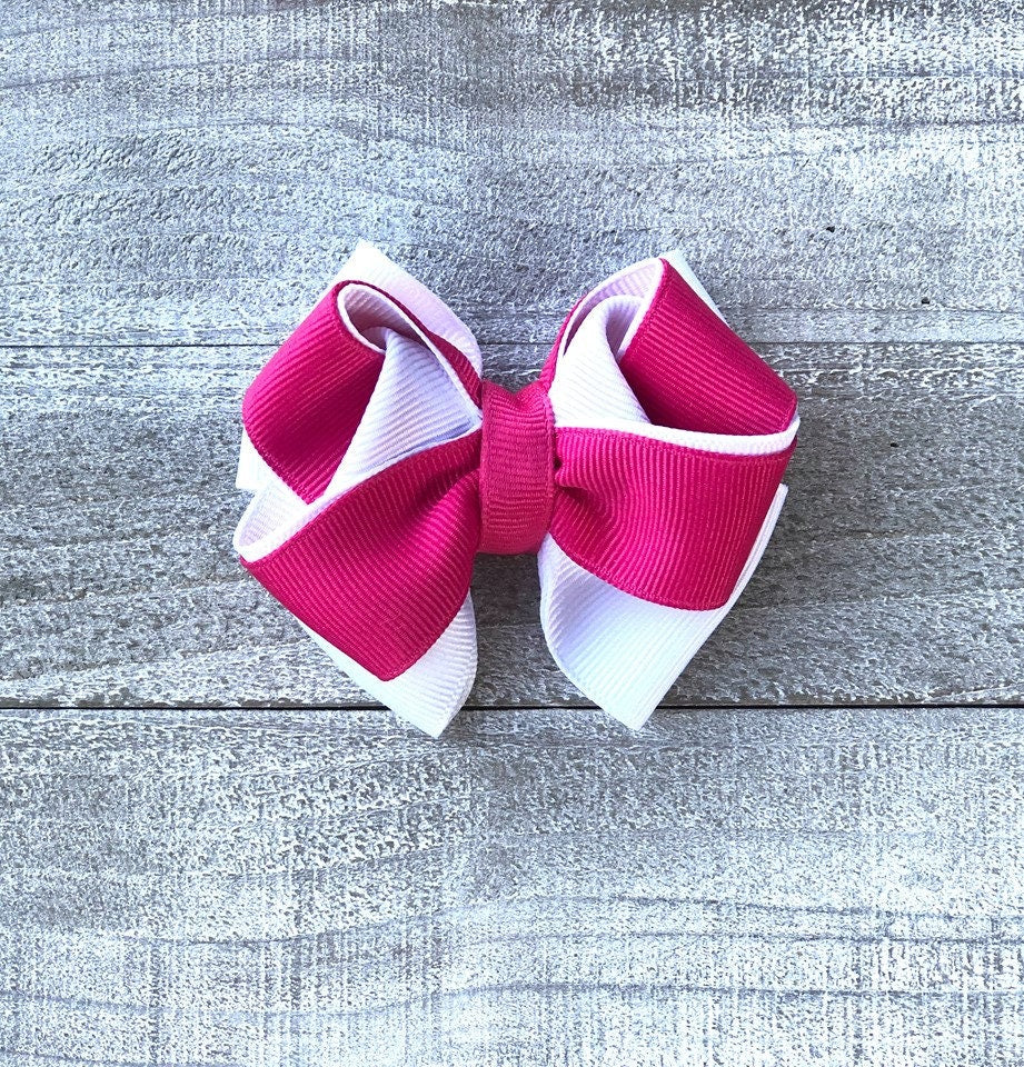 Small Bow Set~ Pig Tail Bows~ Hot Pink & White Bows~ 3" inch Bows