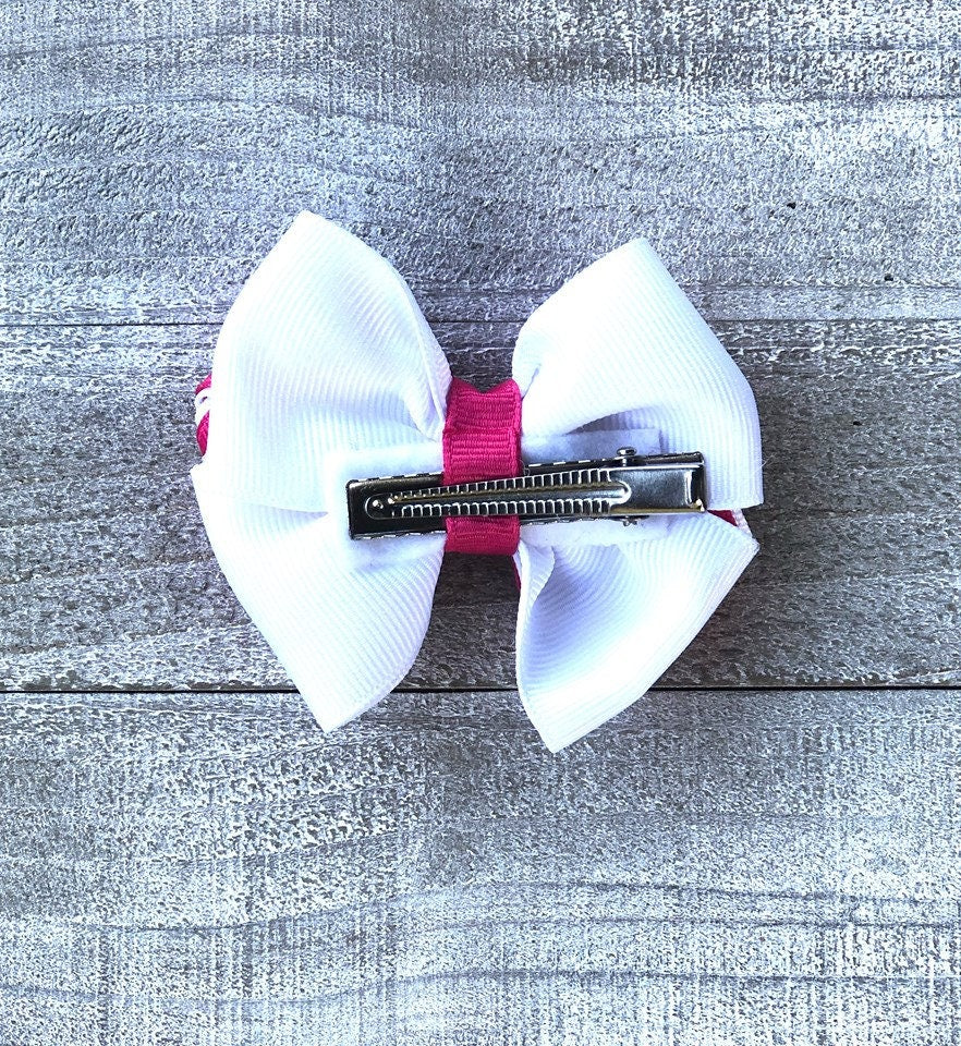 Small Bow Set~ Pig Tail Bows~ Hot Pink & White Bows~ 3" inch Bows