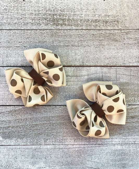 Small Bow Set~ Pig Tail Bows~ Beige & Brown Bows~ Polka Dots Bows~ 3" inch Bows