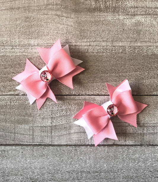 Mini Bow Set~ Pig Tail Bows~ Pink & White Bows~ 2.7" inch Bow~ Extra Small Bow