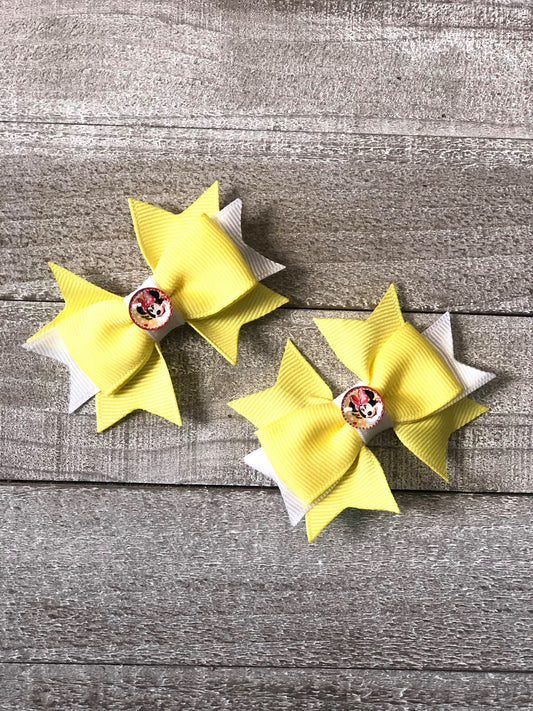 Mini Bow Set~ Pig Tail Bows~Yellow & White Bows~ Pig Tail Bows~ 2.7" inch Bow~ Extra Small Bow