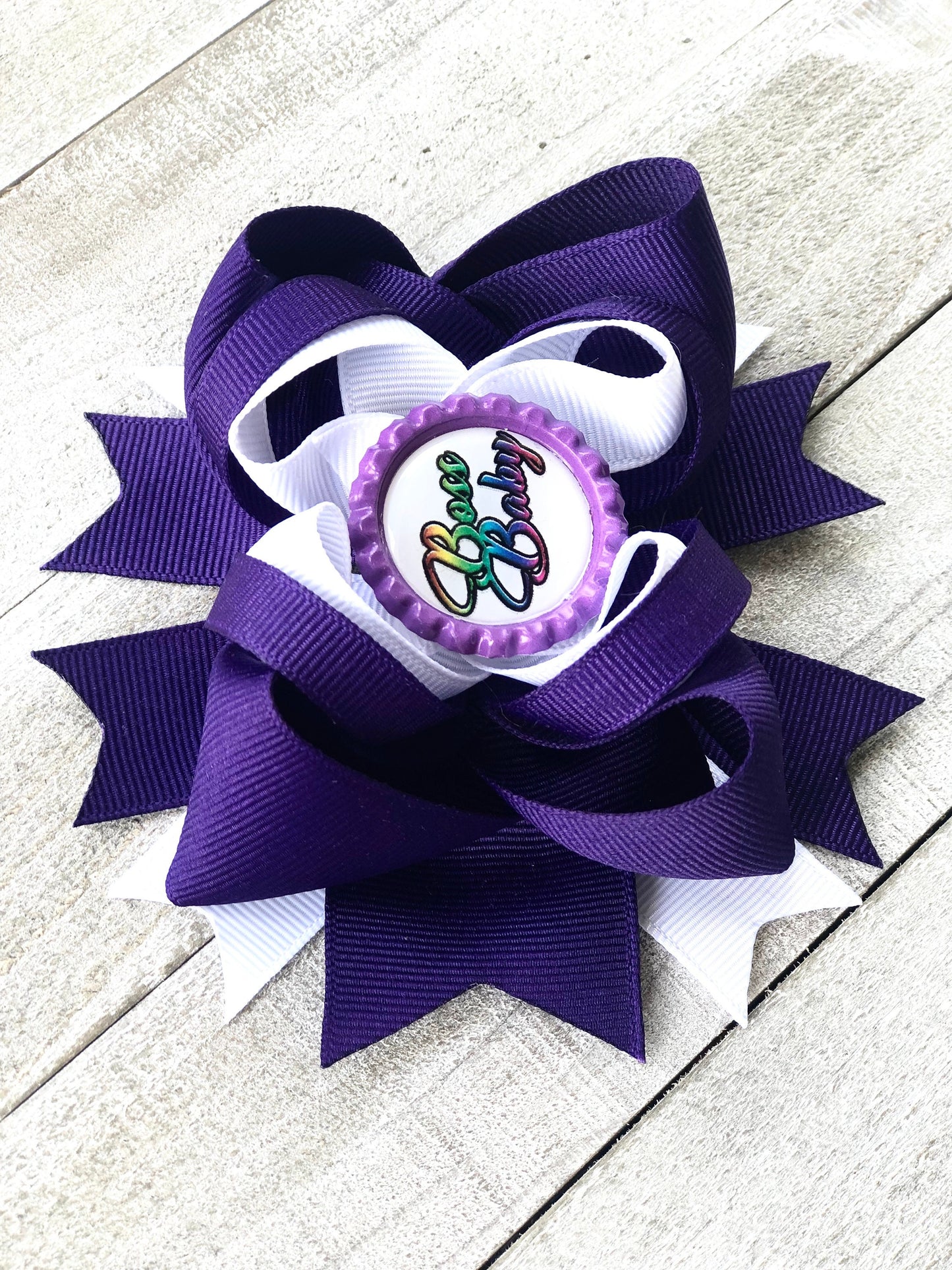 Over The Top Bow ~ Boss Baby Bow ~ Purple and White Bow~ Boutique Bow~ Double Layered Bow~ Medium Bow