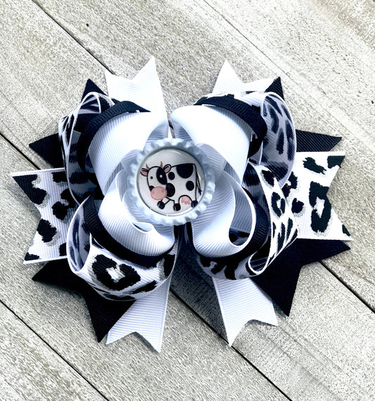 Over The Top Bow ~ Cow Print Bow ~ Black and White Bow~ Boutique Bow~ Double Layered Bow~ 5.5" inch Medium Bow