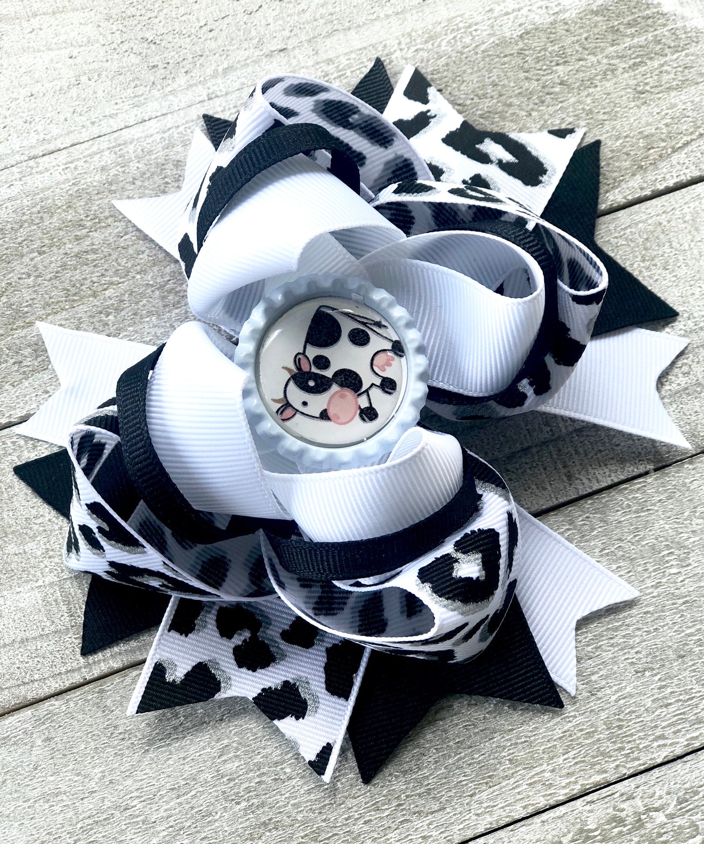 Over The Top Bow ~ Cow Print Bow ~ Black and White Bow~ Boutique Bow~ Double Layered Bow~ 5.5" inch Medium Bow