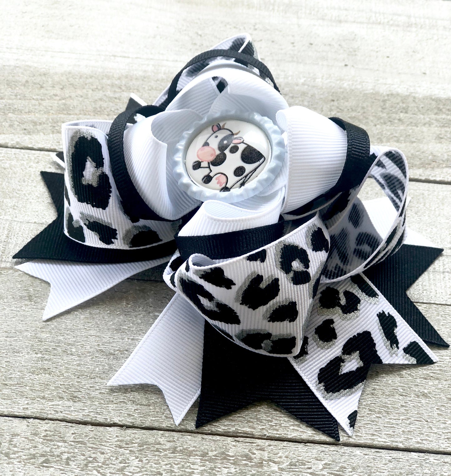 Over The Top Bow ~ Cow Print Bow ~ Black and White Bow~ Boutique Bow~ Double Layered Bow~ 5.5" inch Medium Bow