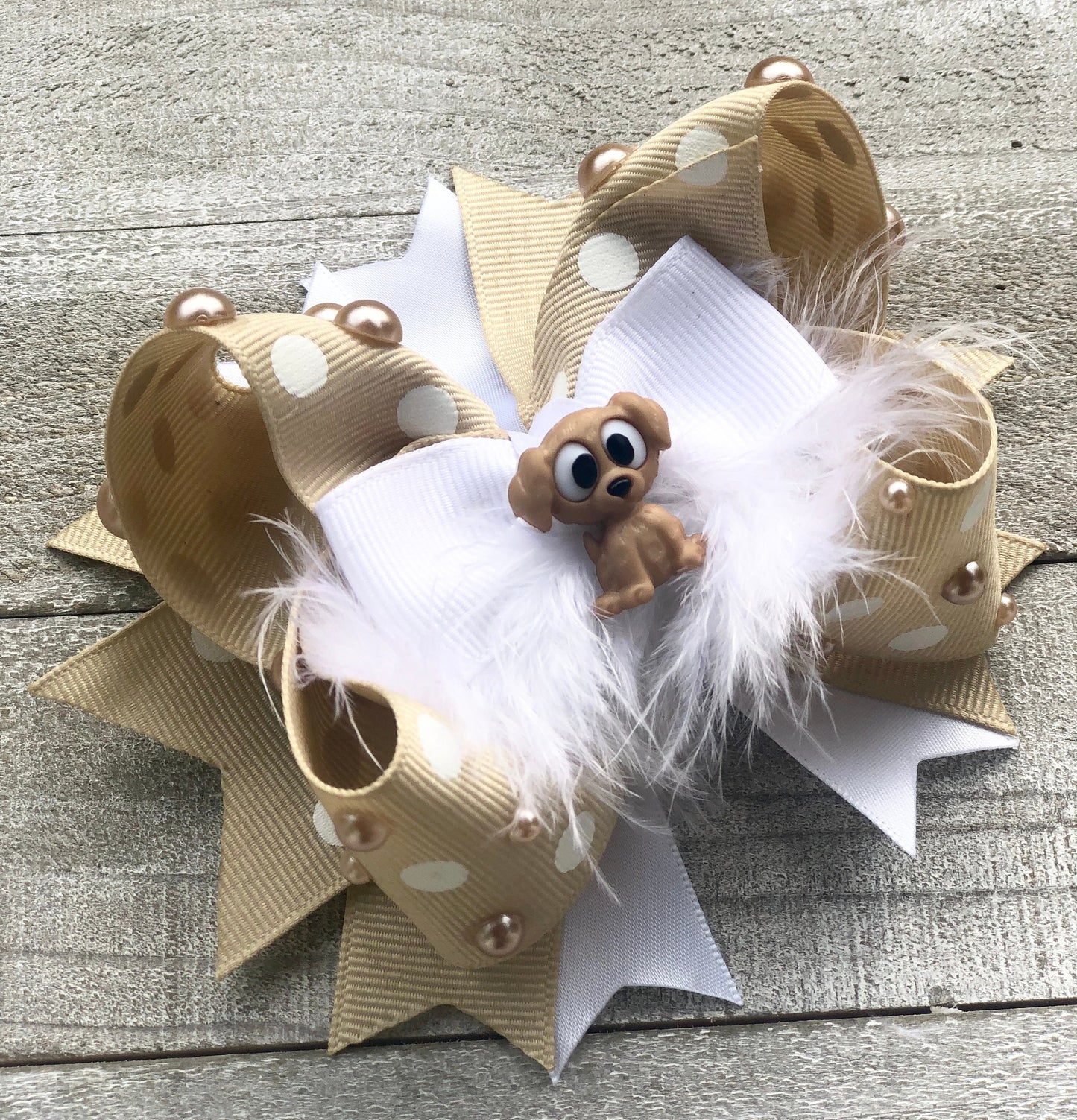 Over The Top Bow~My Little Puppy Bow~ Beige and White Bow~ Boutique Bow~ Double Layered Bow~ 4.5 " inch Medium Bow