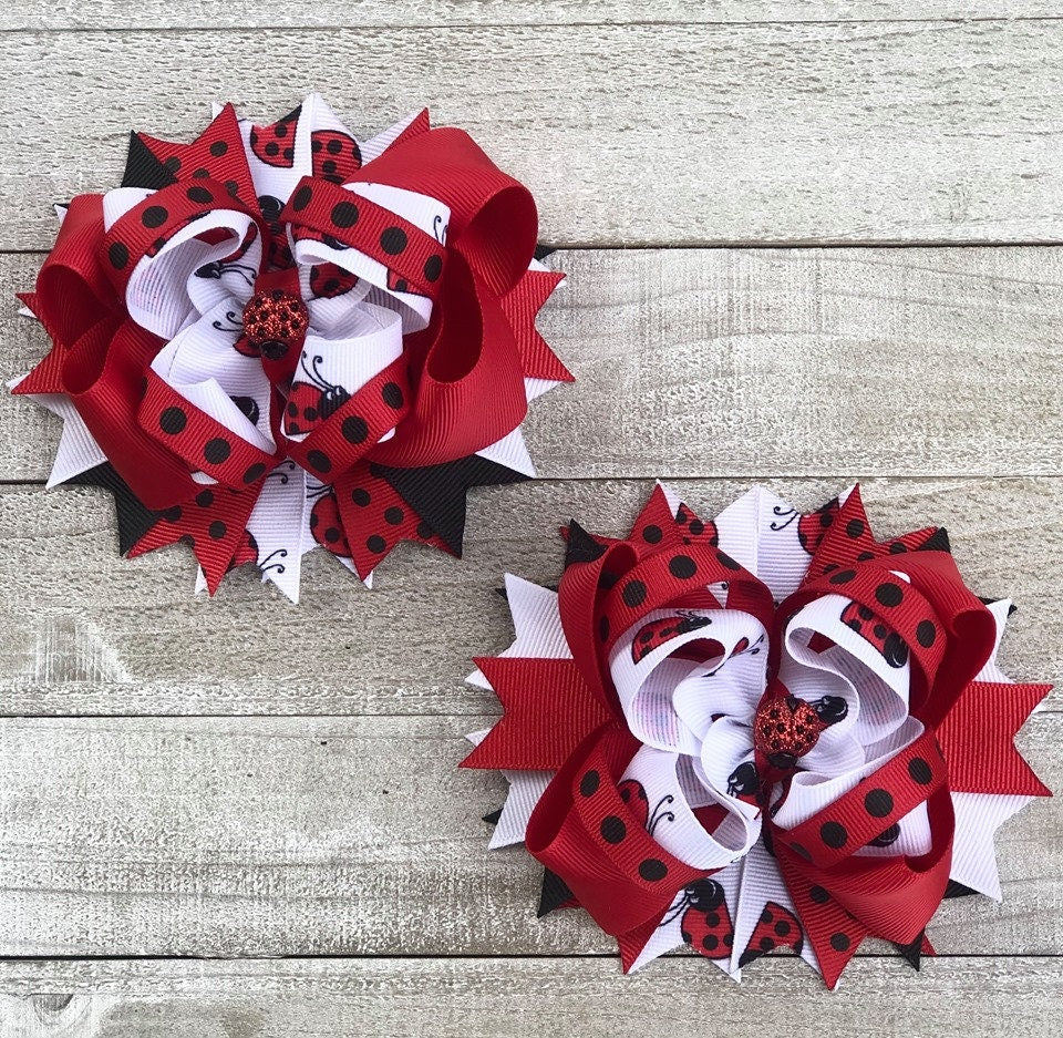 Over The Top Bow~ Lady Bug 2 Bow~ Red, Black & White Bow~ Boutique Bow~ Double Layered Bow~ 5" inch Medium  Bow