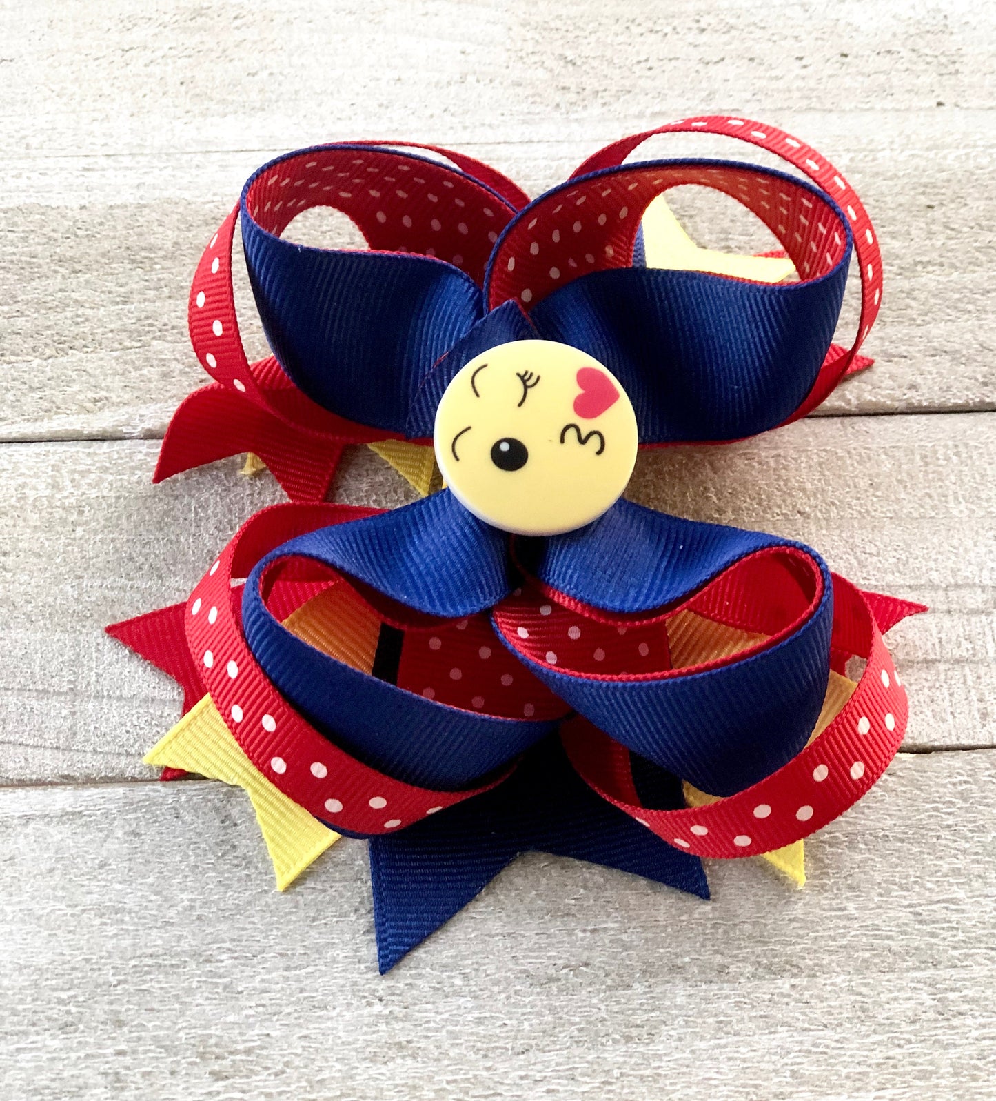 Emoji Bow~ Blue, Red & Yellow Bow~ Boutique Bow~ Double Layered~ 4.7" inch Medium Bow
