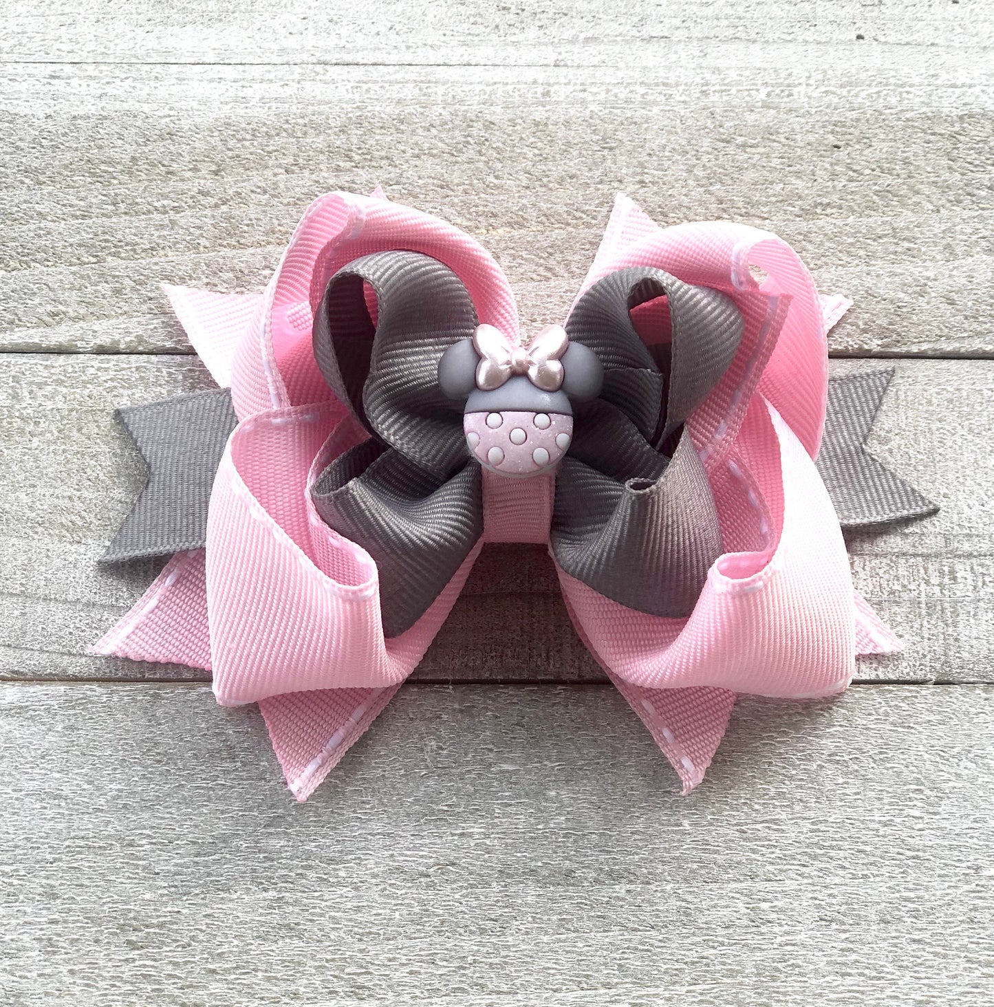 Minnie Mouse Bow 2~ Pink and Gray Bow~ Boutique Bow~ Double Layere ~ 4.7" inch Medium Bow