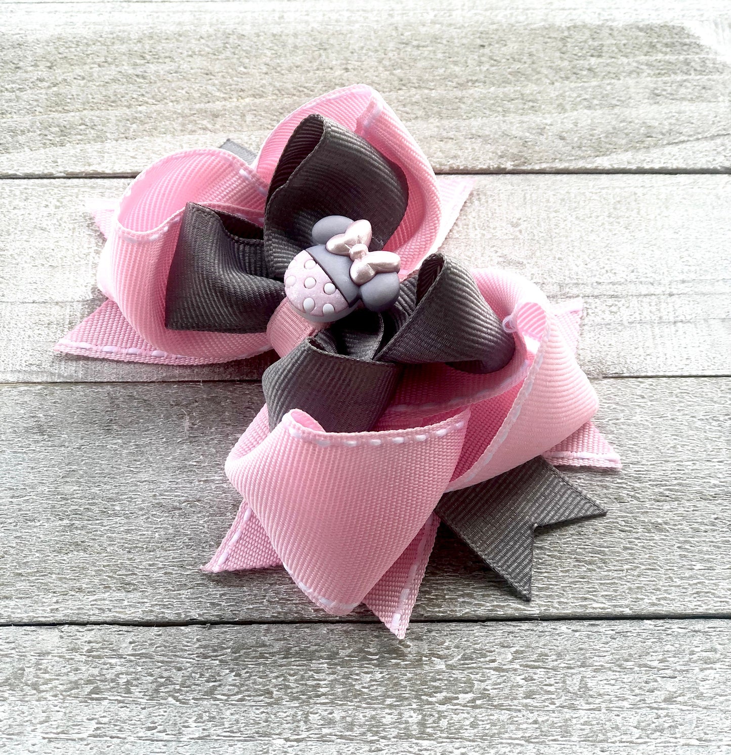 Minnie Mouse Bow 2~ Pink and Gray Bow~ Boutique Bow~ Double Layere ~ 4.7" inch Medium Bow