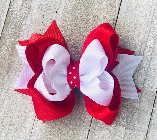 Red and White Bow~ Double Layered Bow~ Boutique Bow~ 4.5" inch Medium Bow