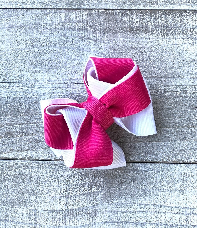 Small Bow Set~ Pig Tail Bows~ Hot Pink & White Bows~ 3" inch Bows