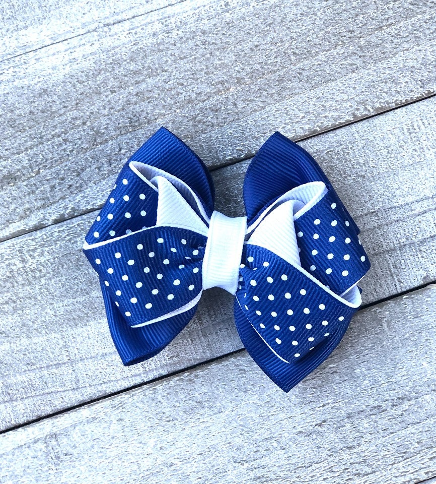 Small Bow Set~ Pig Tail Bows~ Blue & White Bows~ Polka Dot Bows~ 3" inch Bows
