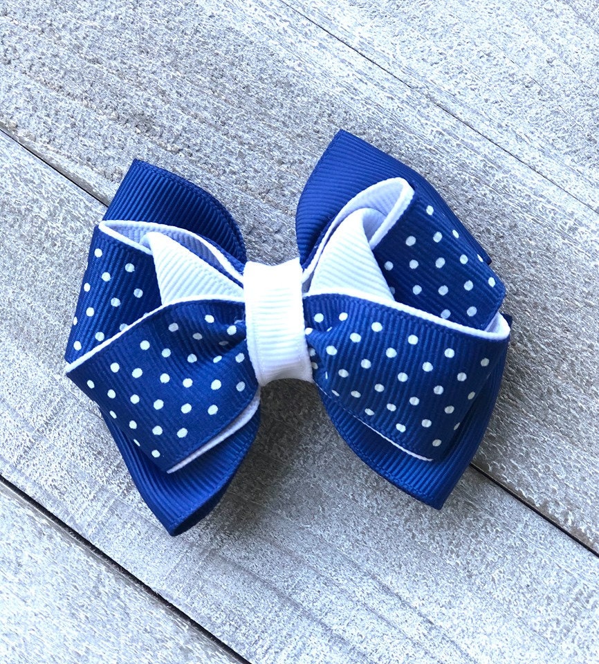 Small Bow Set~ Pig Tail Bows~ Blue & White Bows~ Polka Dot Bows~ 3" inch Bows