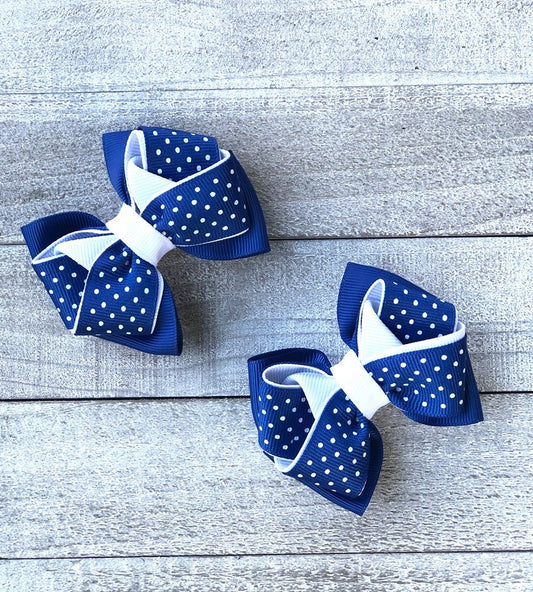 Small Bow Set~ Pig Tail Bows~ Blue & White Bows~ Polka Dot Bows~ 3" inch Bows