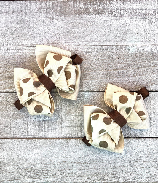 Small Bow Set~ Pig Tail Bows~ Brown & Beige Bows~ Polka Dot Bows~ 3" inch Bows