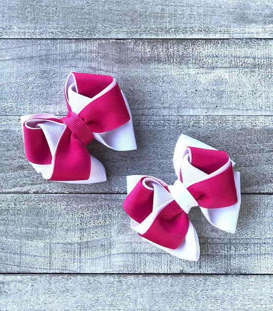 Small Bow Set~ Pig Tail Bows~ Hot Pink & White Bows~ 3" inch Bows
