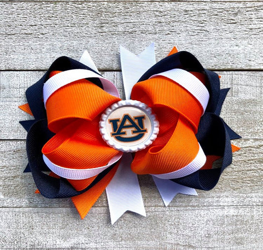 Bottle Top Boutique Style Bow~Auburn Bow~ Orange, White and Blue Bow~ Double Layered Bow~ 5.5" inch Medium Bow