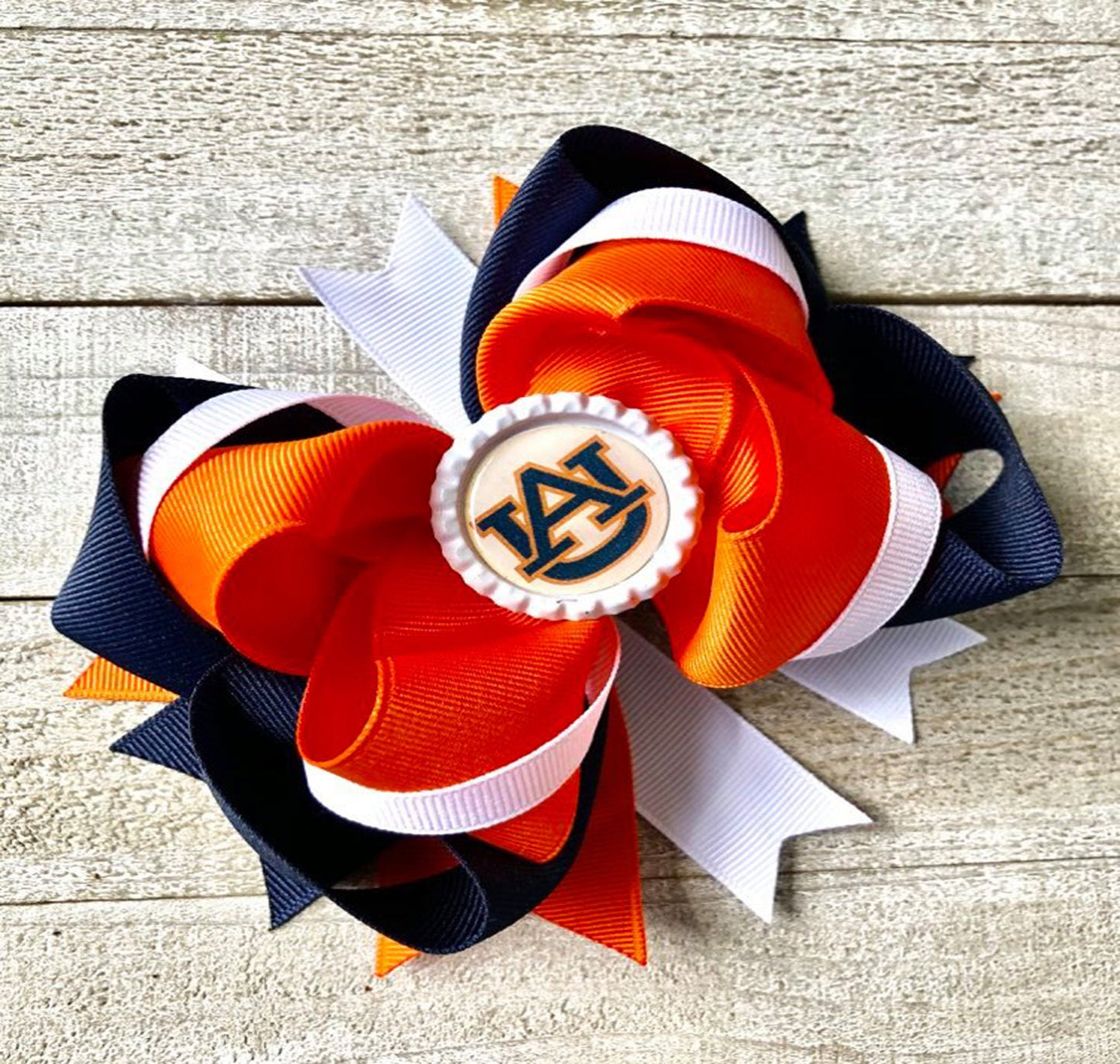 Bottle Top Boutique Style Bow~Auburn Bow~ Orange, White and Blue Bow~ Double Layered Bow~ 5.5" inch Medium Bow