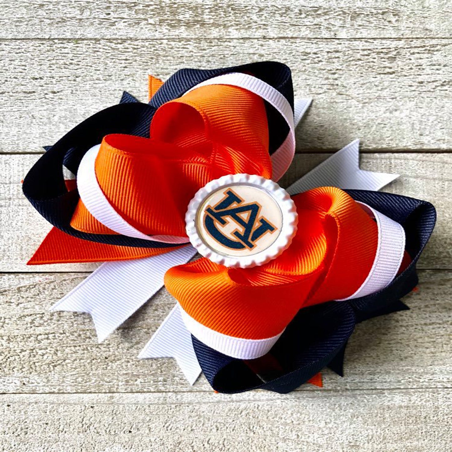 Bottle Top Boutique Style Bow~Auburn Bow~ Orange, White and Blue Bow~ Double Layered Bow~ 5.5" inch Medium Bow